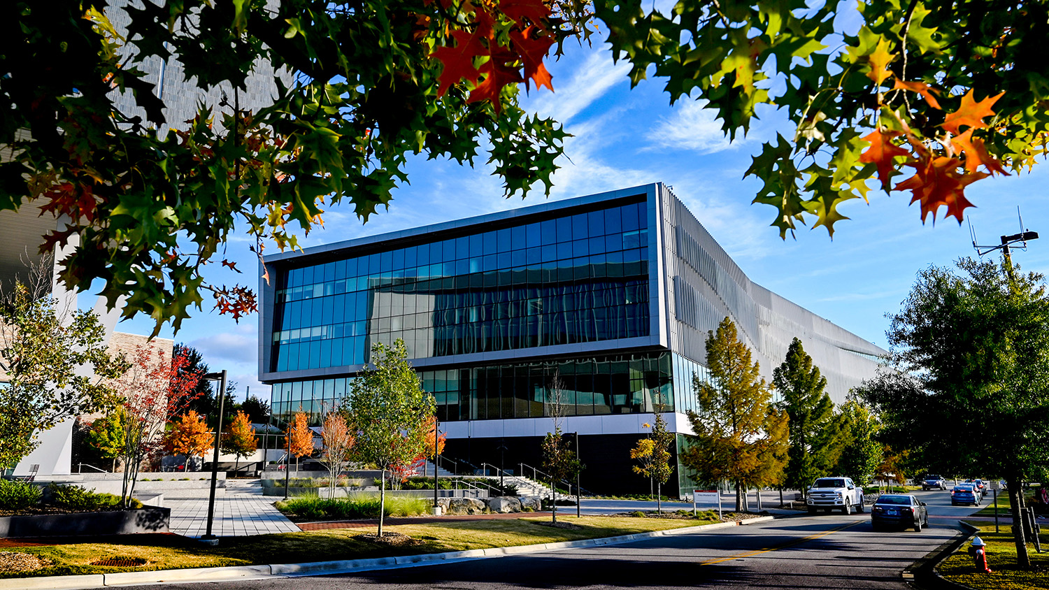 Fall colors appear in October around the Hunt Library on Centennial Campus.