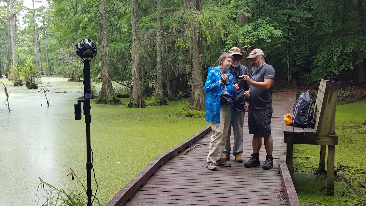 Photo of Arthur Earnest, Betty Black and Hal Heatwole at Merchants Millpond for BIO 181.