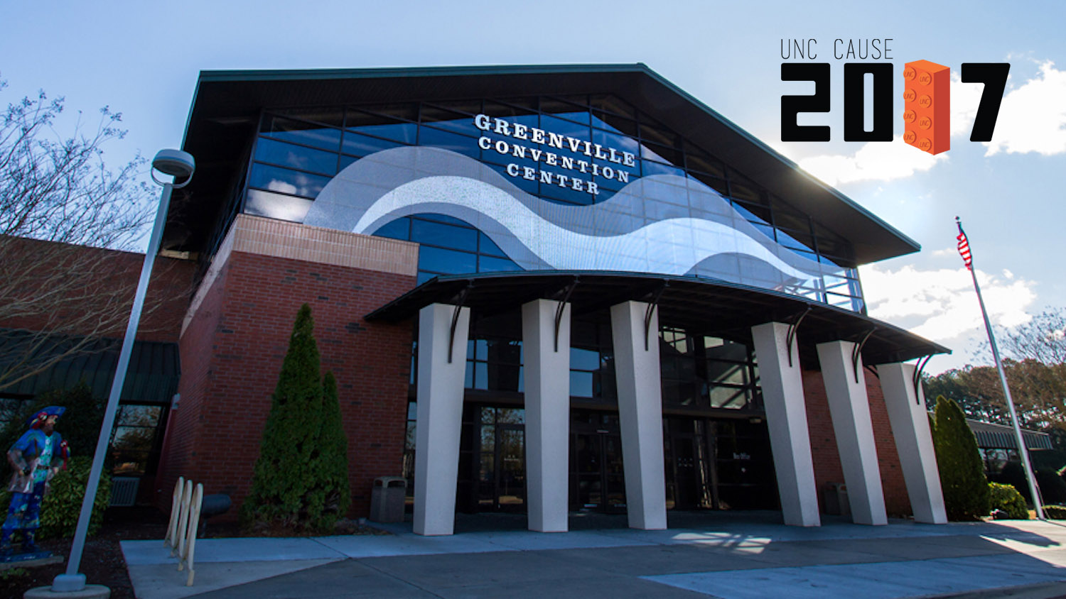 Photo of Greenville Convention Center with UNC CAUSE 2017 conference logo