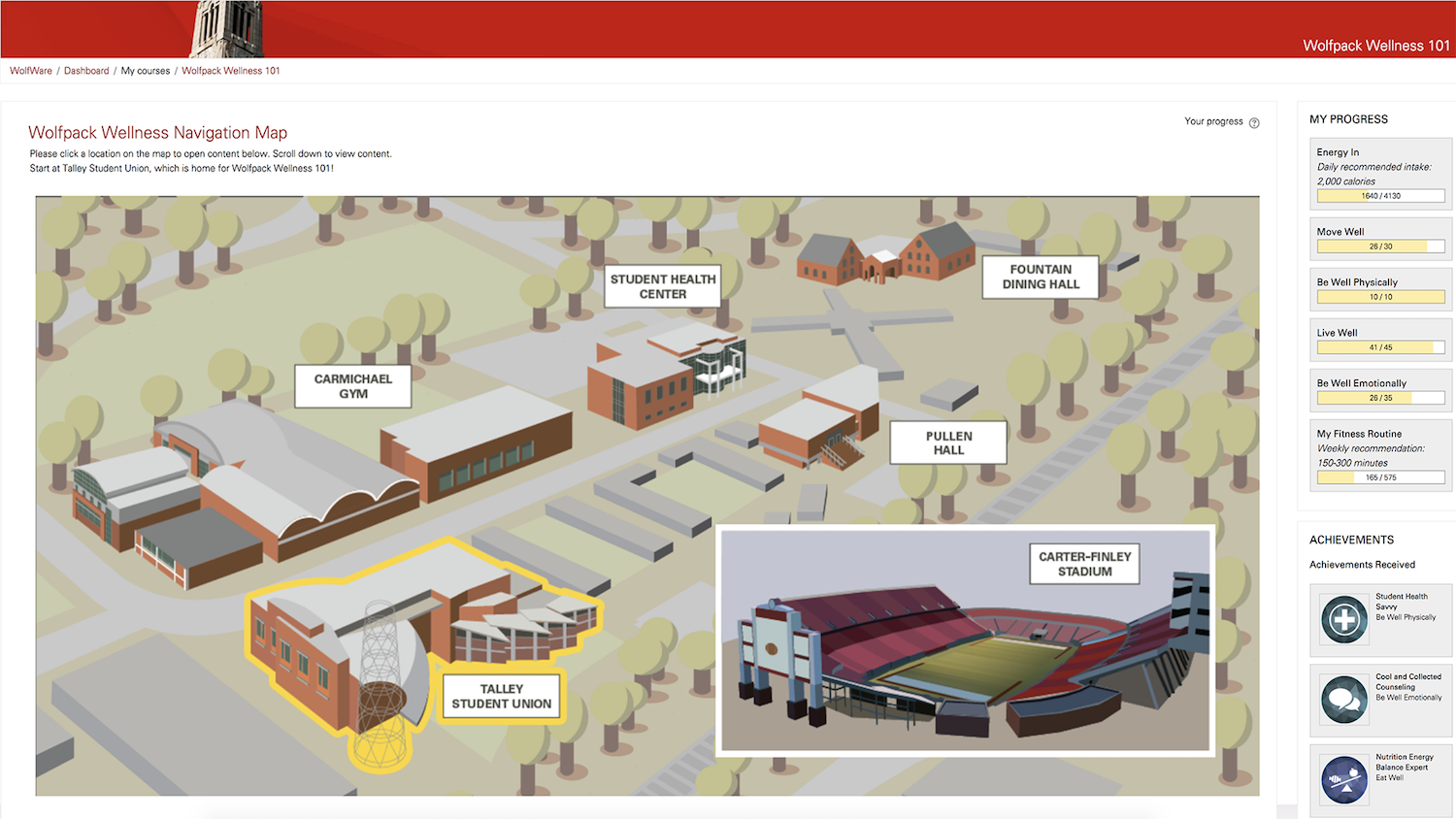 The Wolfpack Wellness Navigation Map features six locations around campus with Talley Student Union being the home for Wolfpack Wellness. The progress bar (right) shows personal progress toward reaching recommended wellness goals.