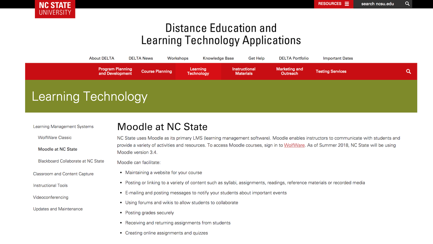 screenshot of web page Moodle at NC State