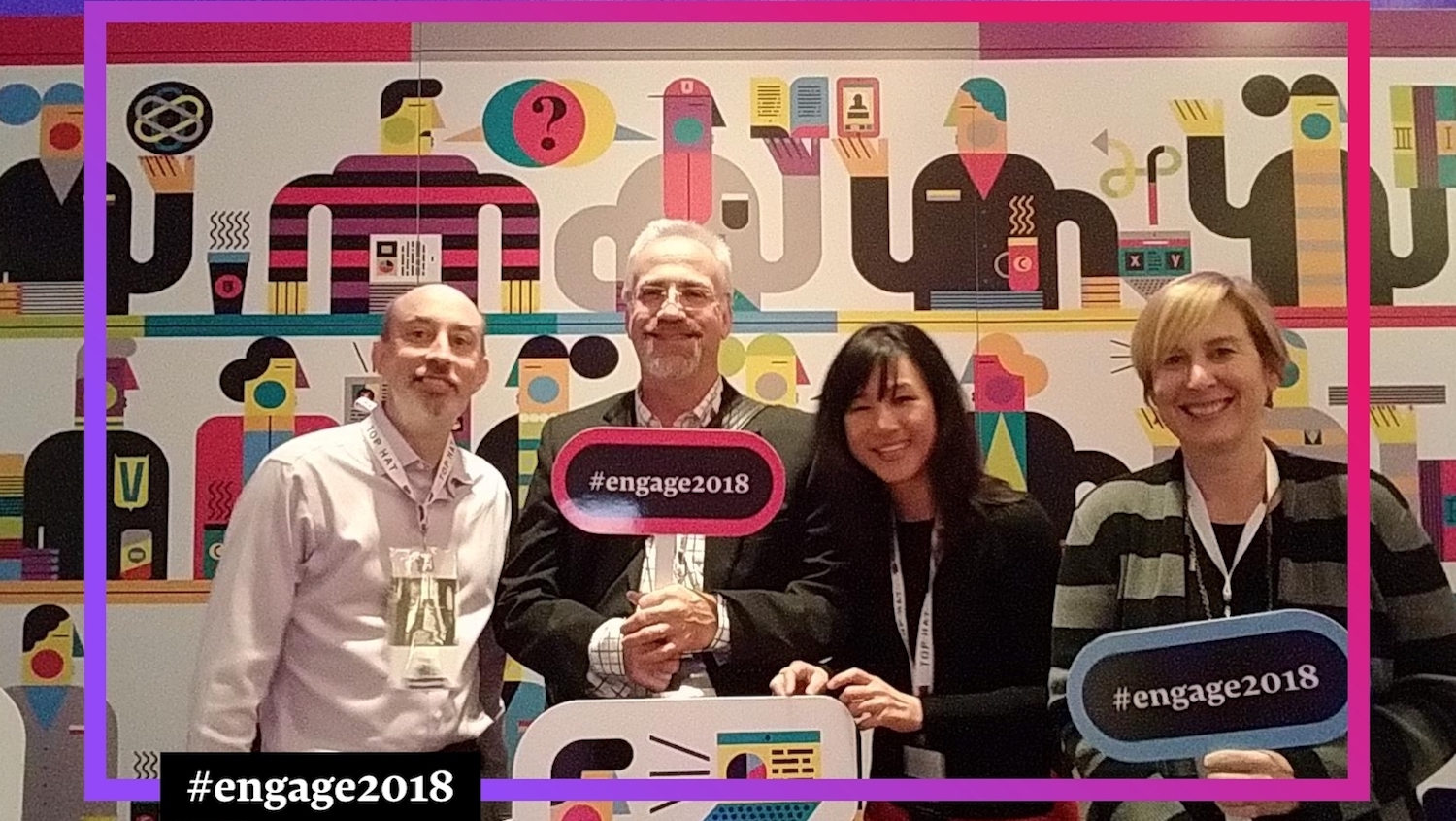David Howard, Lou Harrison, Yiling Chappelow and Stacy Gant at the Engage 2018 conference. The team is holding props in front of a photo booth screen.