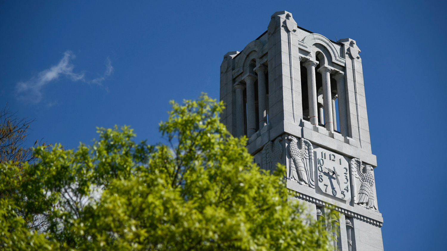 The belltower framed by trees in Spring. Photo by Marc Hall