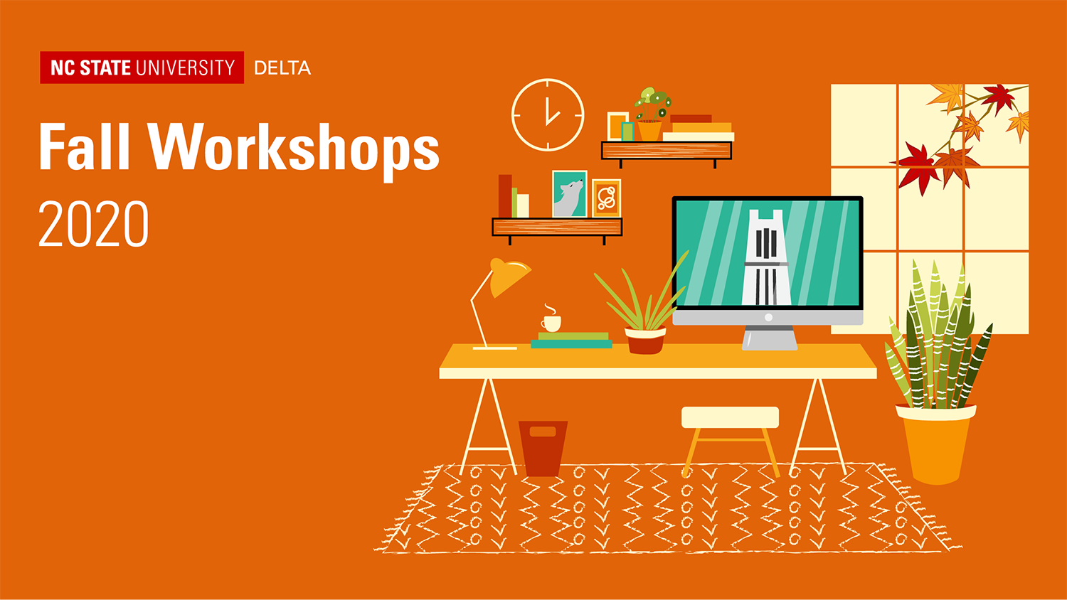 Graphic for DELTA Fall Workshops. Drawing of a home office with computer with belltower on the screen.