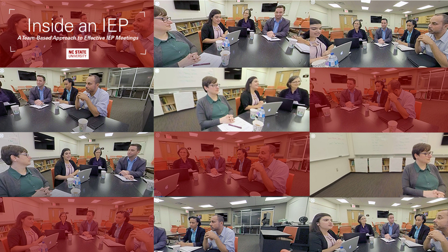 Several screen grabs of the virtual meeting with read transparent overlay. Actors sit around a conference table to simulate the meeting. Text: Inside an IEP: A Team-Based Approach to Effective IEP Meetings.