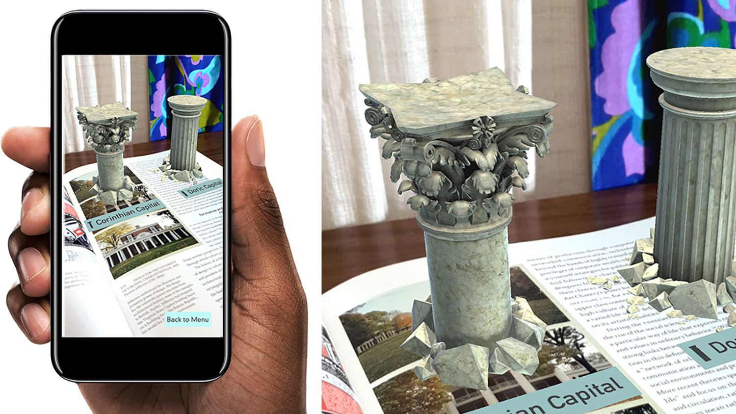 Screenshot of a phone with the Graphic Design Theory AR App on screen. A design pillar appears in augmented reality.