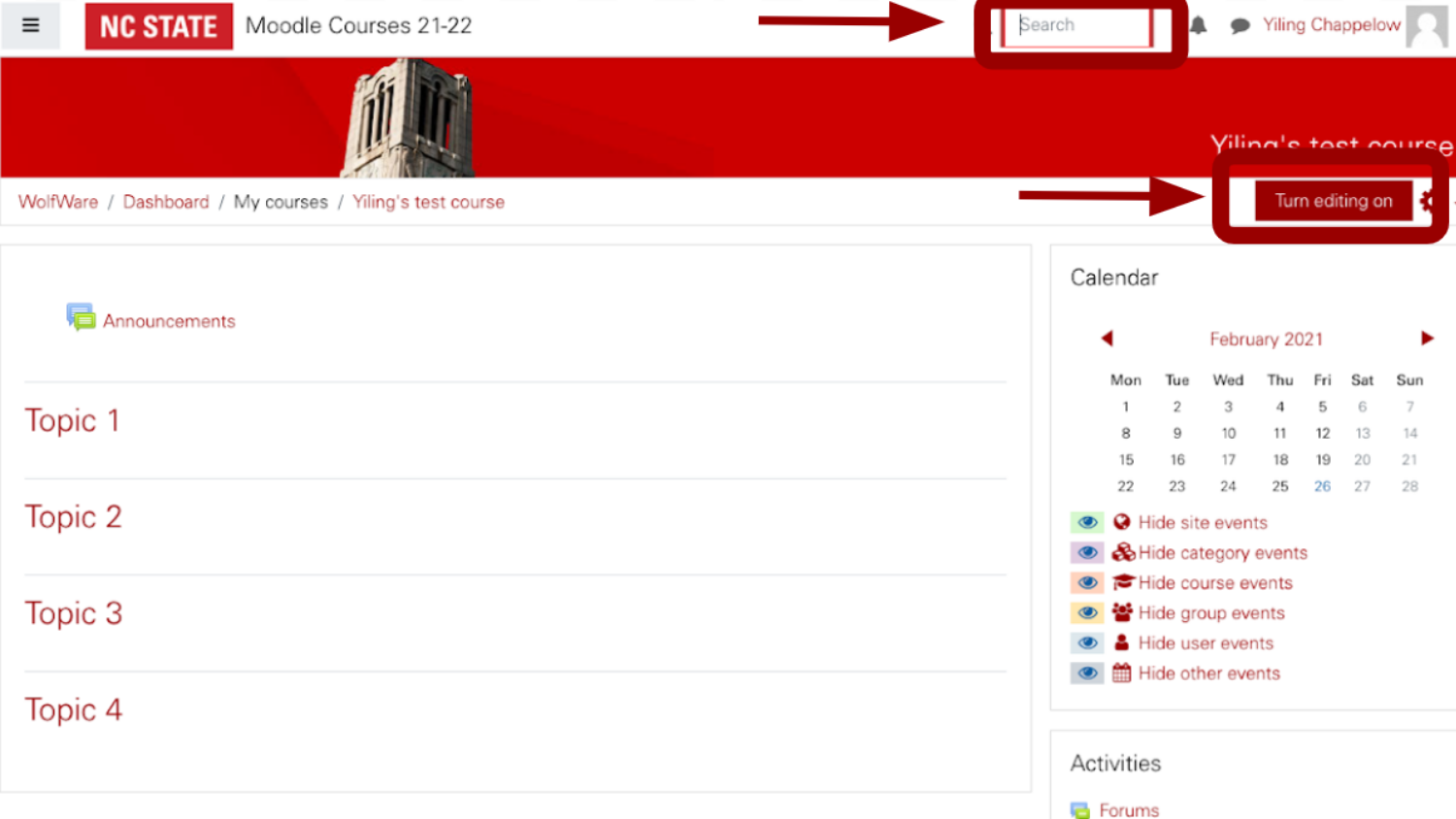 Screenshot of Moodle course page. "Turn editing on" and search bar are circled.