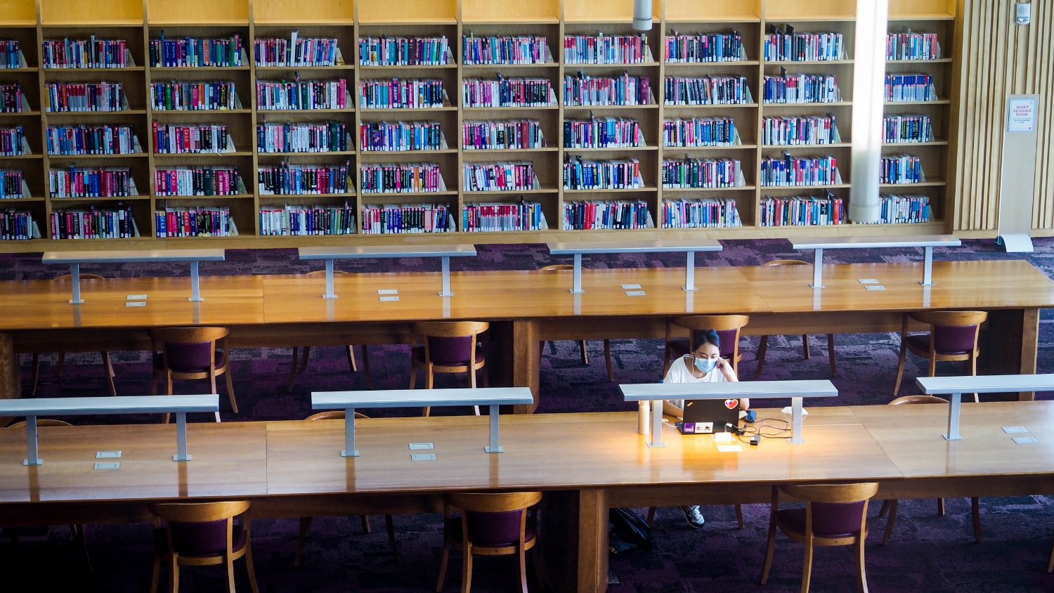 Students working at the Hunt Library on Centennial Campus find ample space to social distance, with undergraduate classes moved online for the remainder of the fall 2020 semester. Photo by Becky Kirkland.