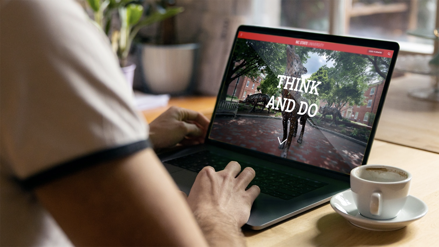 Decorative image of a person working on a laptop whose screen shows NC Website with text "Think and Do."