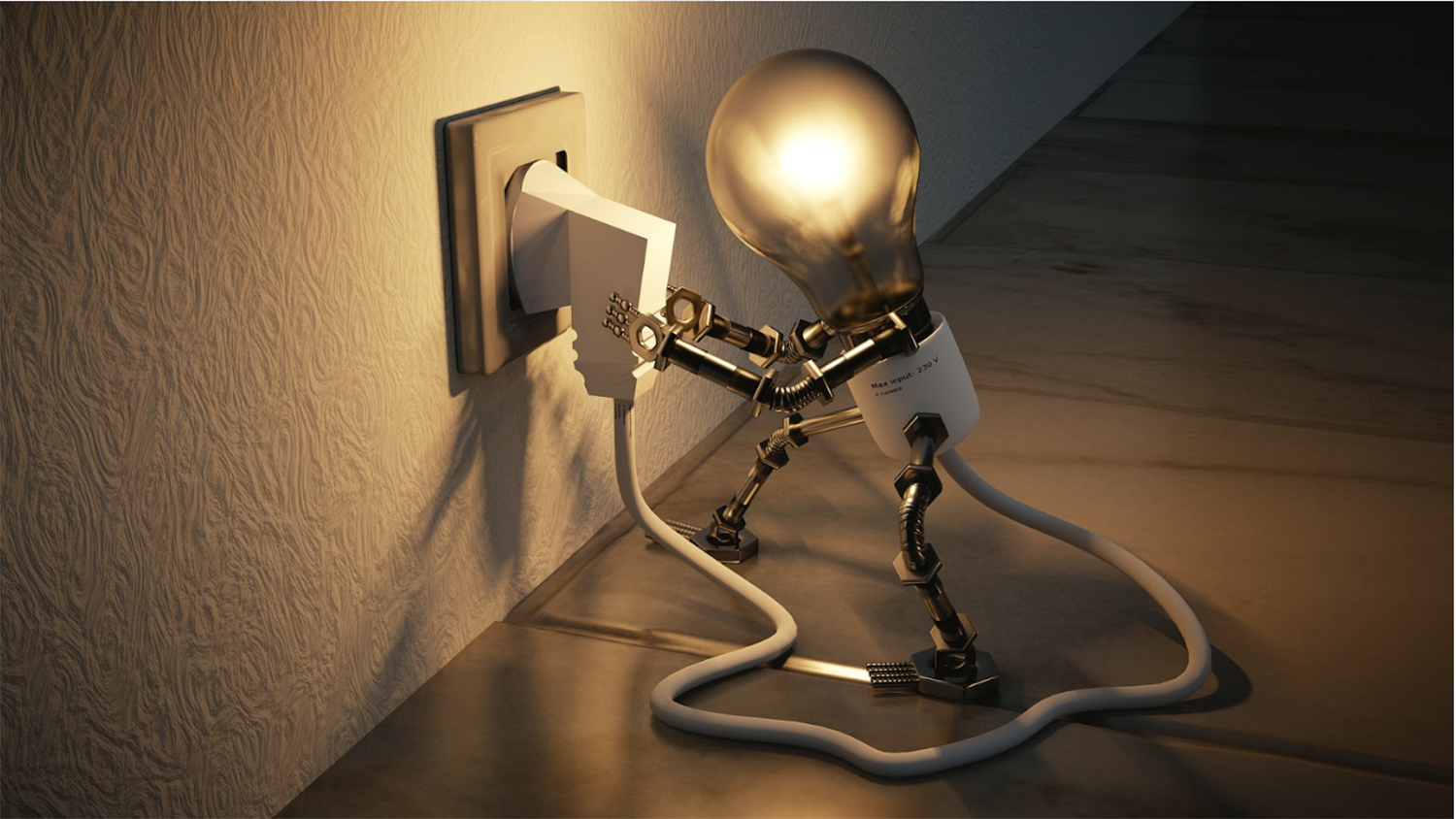 Decorative image of an animated lightbulb plugging itself into an electrical outlet.