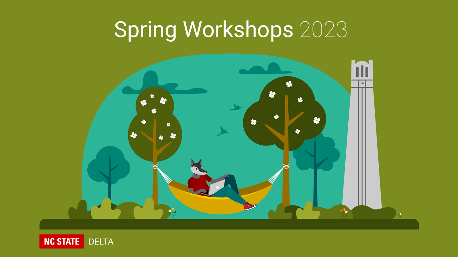 Decorative image of animated wolf in a hammock reading. "NC State DELTA Spring Workshops 2023."