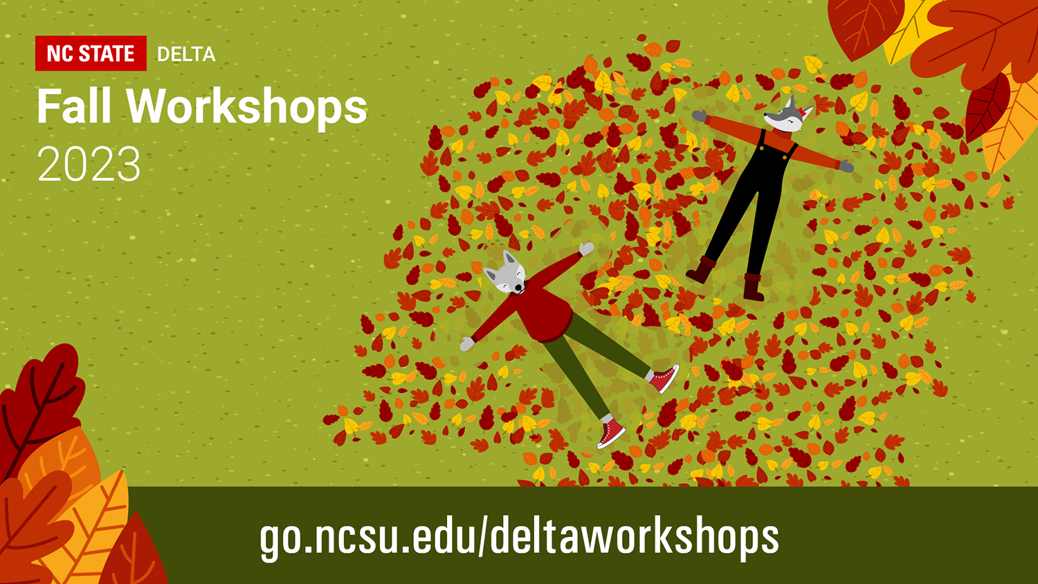 Decorative image - wolves making leaf angels, NC State DELTA, Fall Workshops,