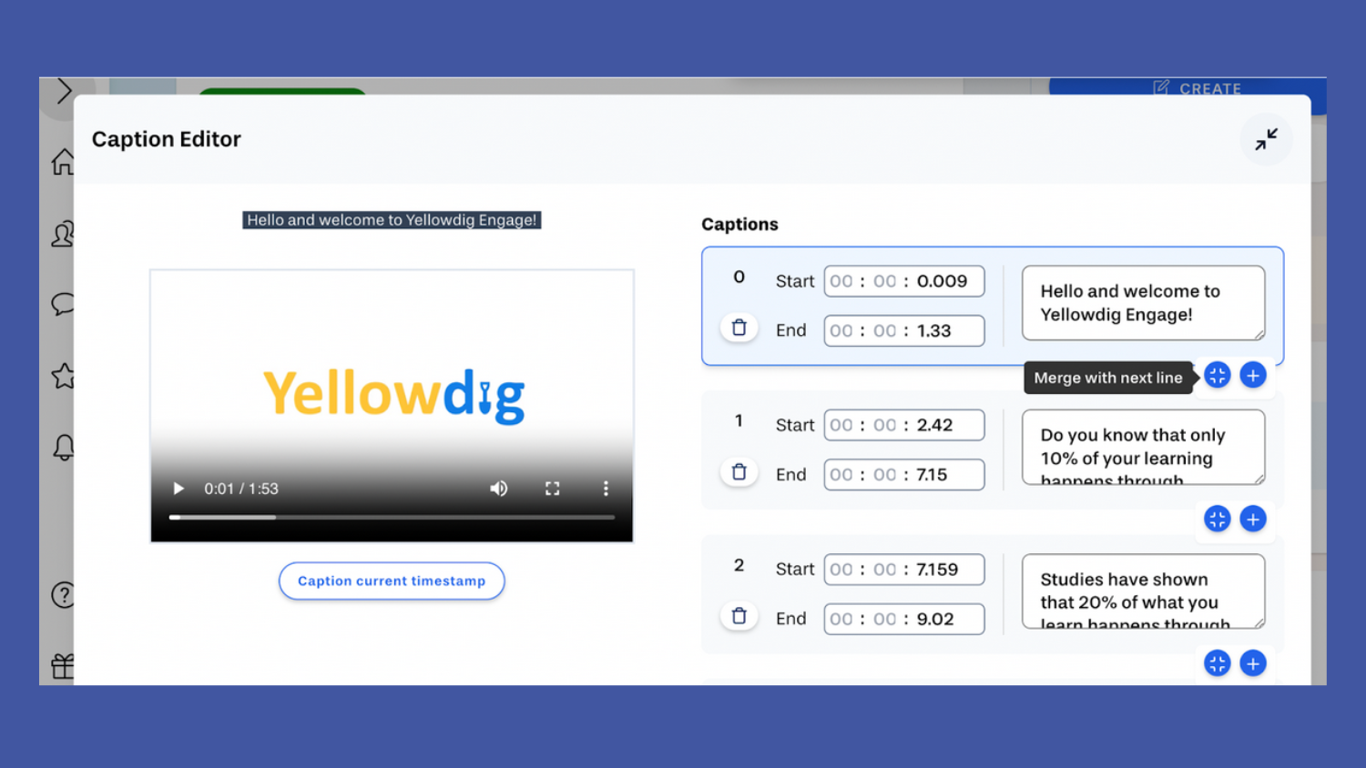 Screenshot of Yellowdig Caption Editor