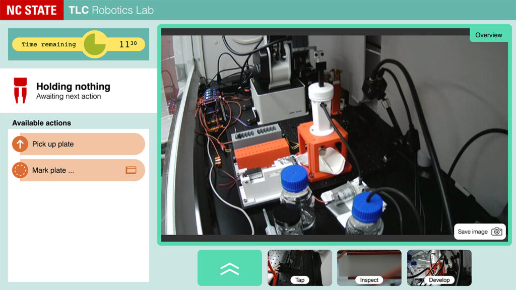 An image of a web client that provides students with live video streams into a lab space so that students can complete actions for an experiment remotely.