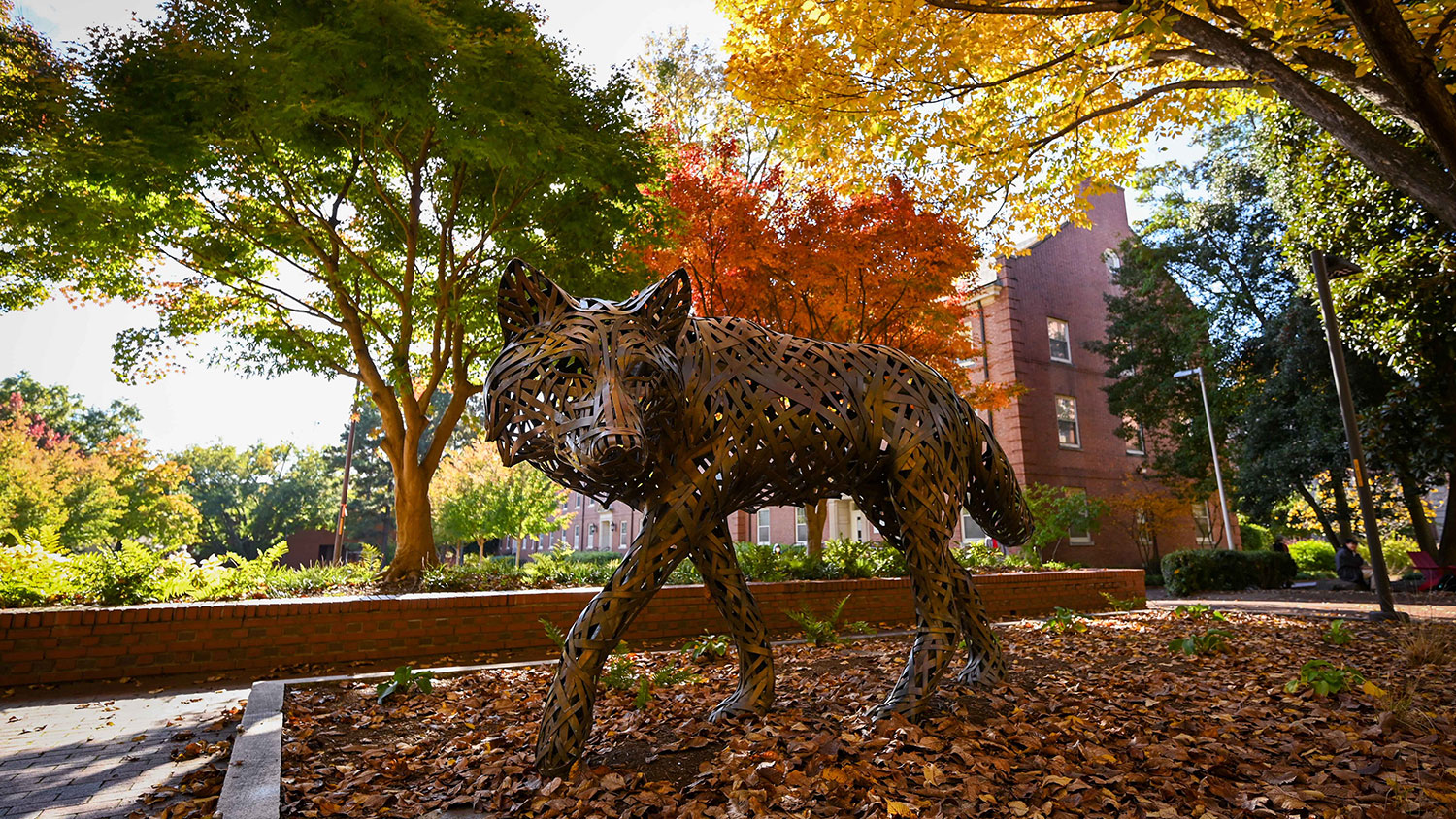 Decorative image of a metal wolf statue amounts autumn trees on NC State's campus.