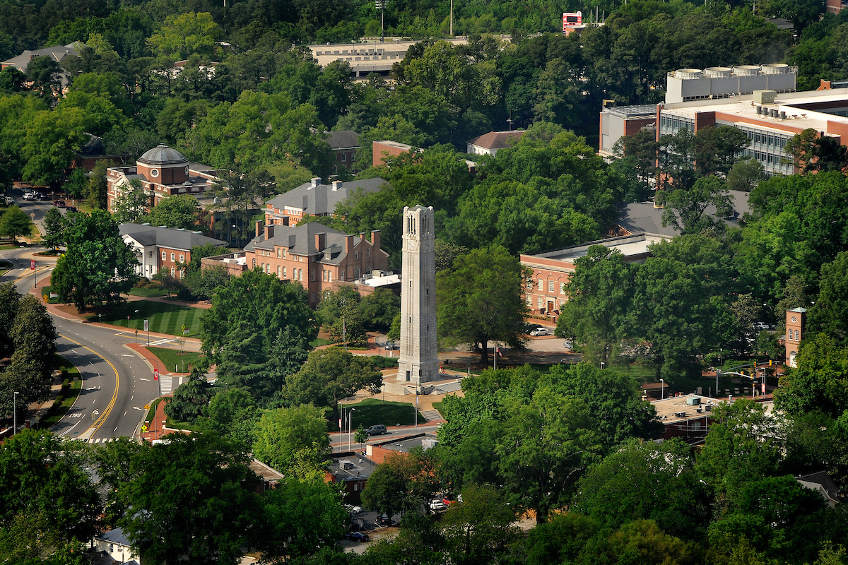 An aerial view of the NC State Memorial Belltower and surrounding buildings