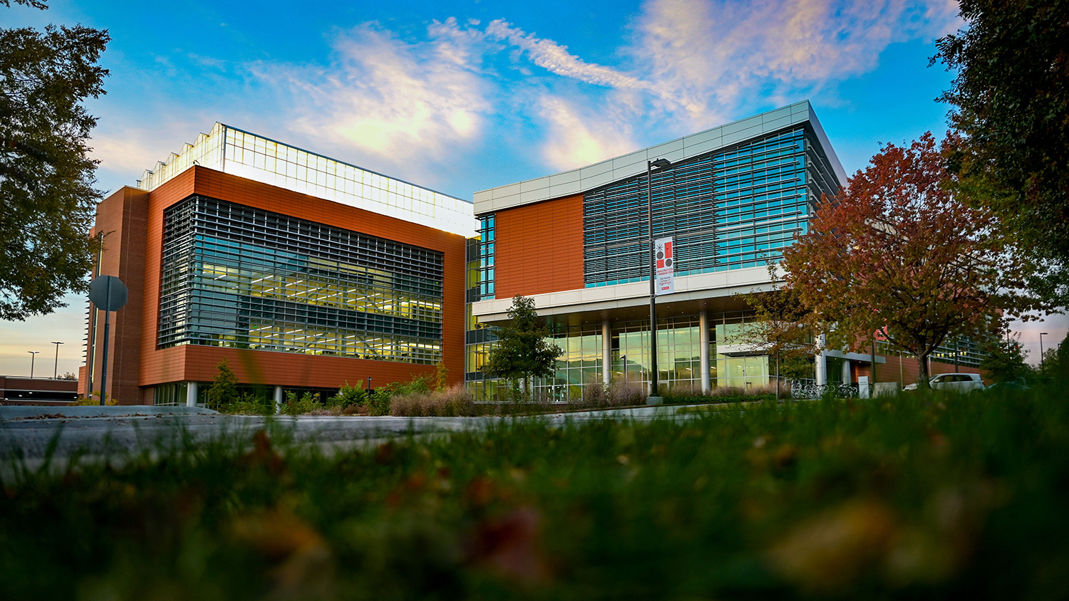 The Plant Sciences Building on Centennial campus at sunset. Photo by Becky Kirkland.