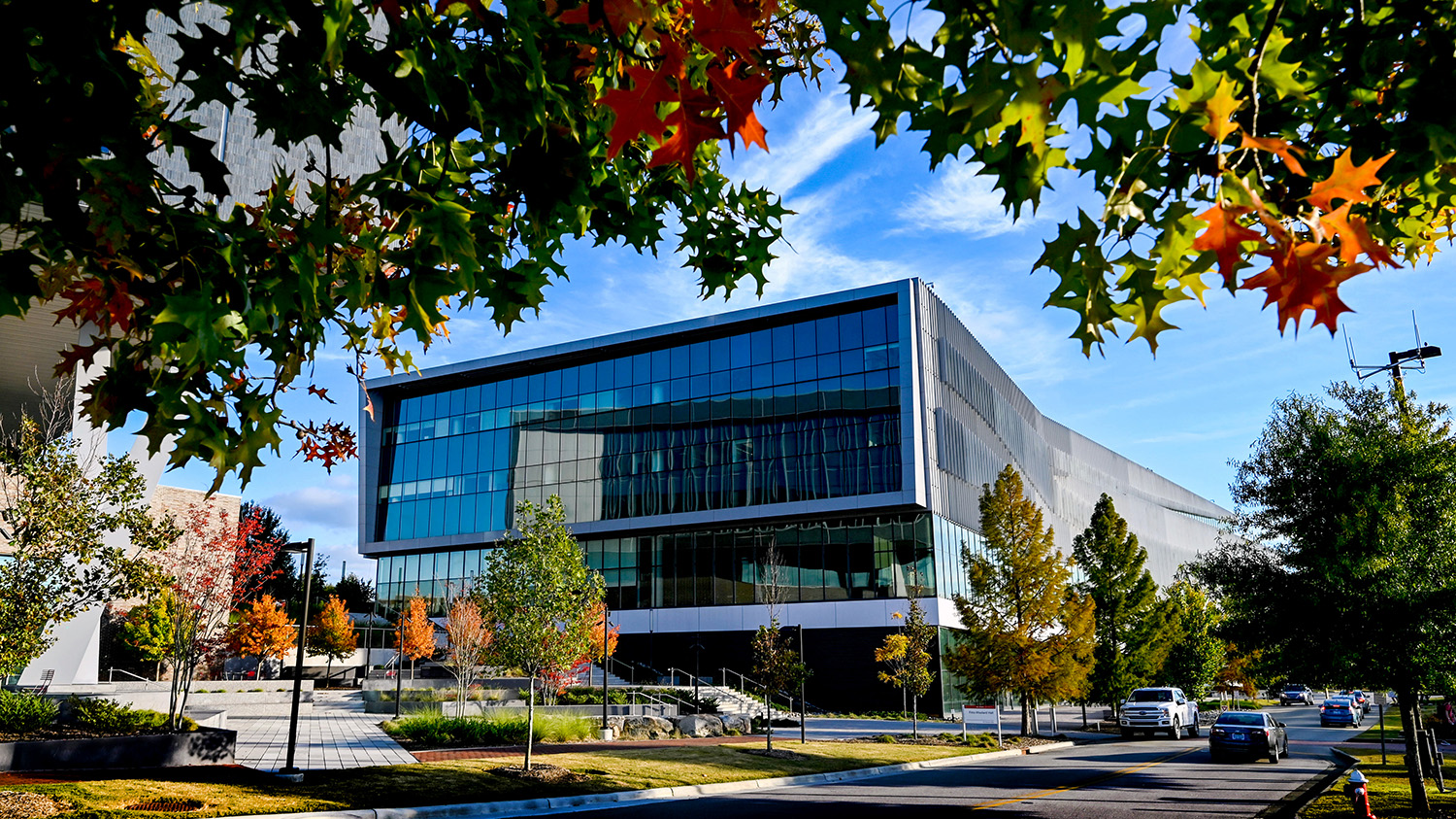 Fall colors appear in October around the Hunt Library on Centennial Campus.