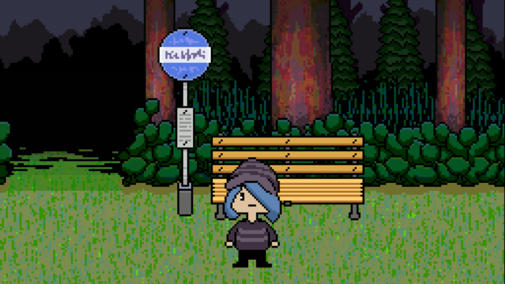 A pixelated graphic of a female character standing outdoors at a bus stop