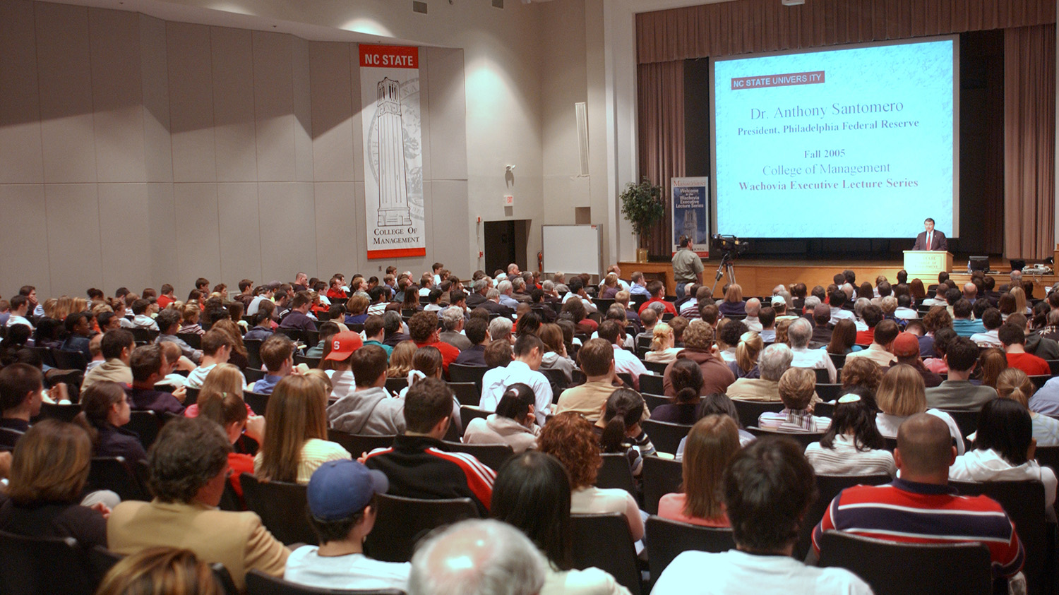 Professor presenting in a lecture hall at NC State.