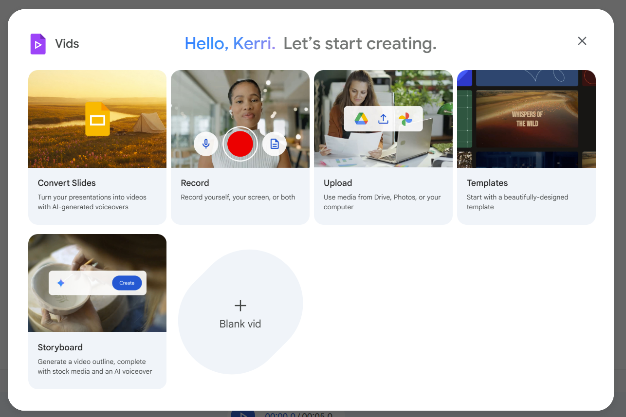 Screenshot of the Google AI Vid Screen that says "Hello, Kerri. Let's start creating."
